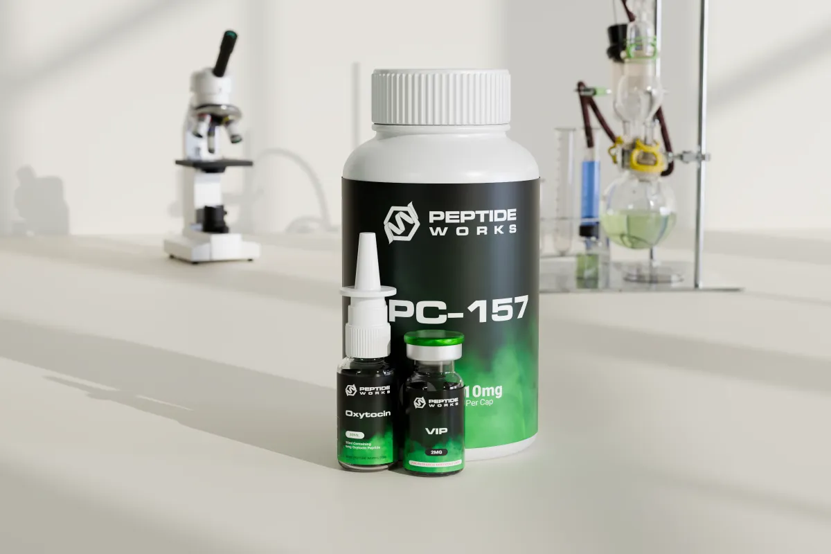 Peptide Works vials, nasal spray and capsules on a laboratory bench