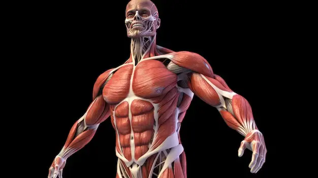 Detailed anatomical illustration of  muscles, highlighting muscle fibers relevant to protein synthesis and IGF-1 LR3 research.
