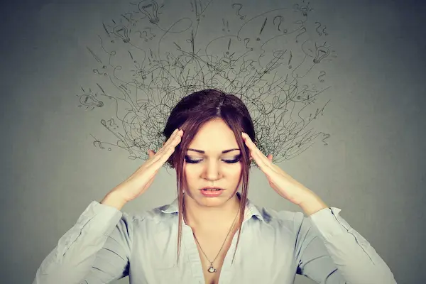 Illustration depicting mental stress with chaotic lines around the head, representing research on Selank’s effects on anxiety, stress, and mood regulation in preclinical studies.