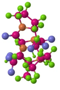 Peptide structure model highlighting amino acid connections in a folded chain.