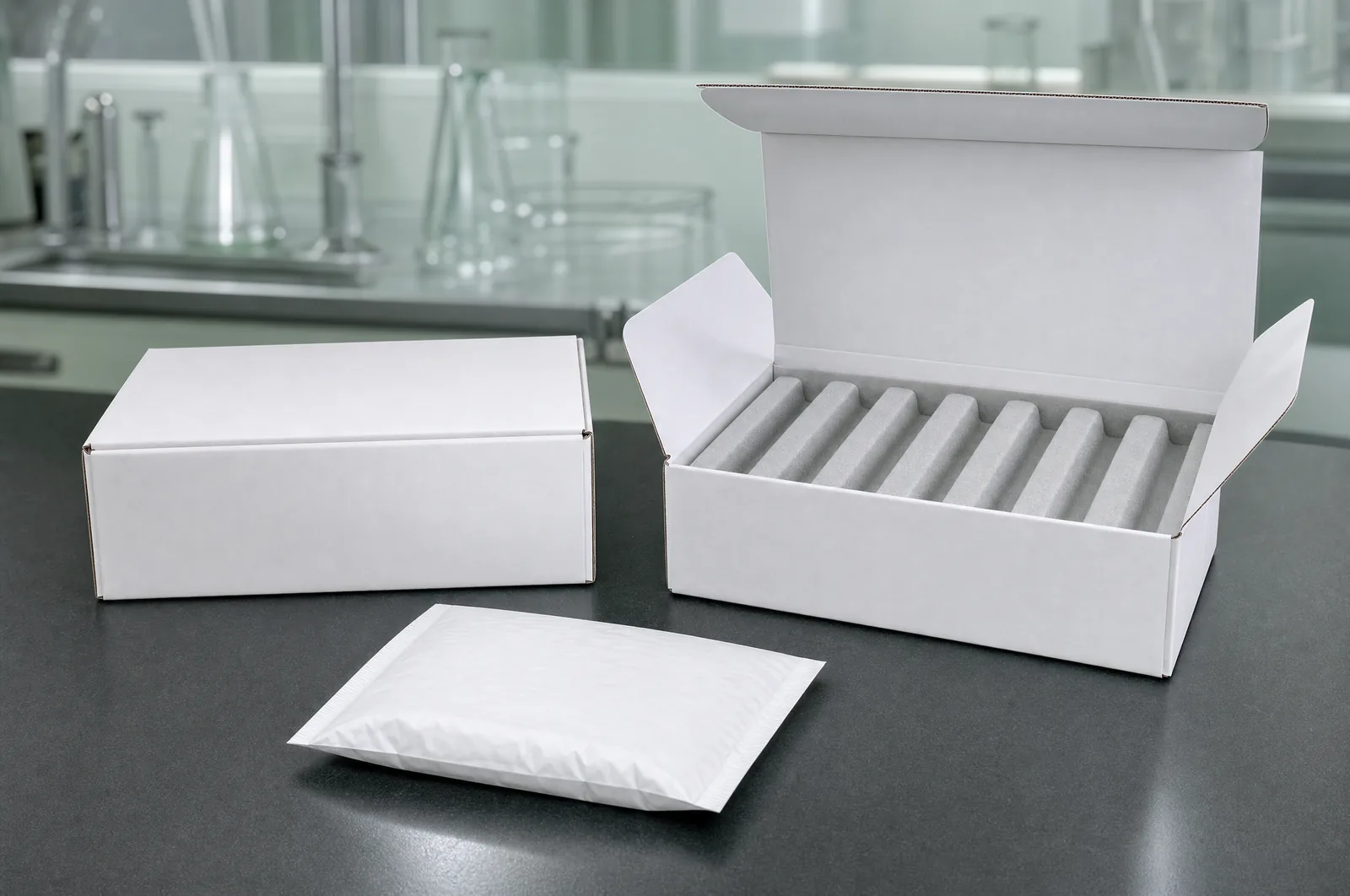 Peptide Works plain protective shipping packaging