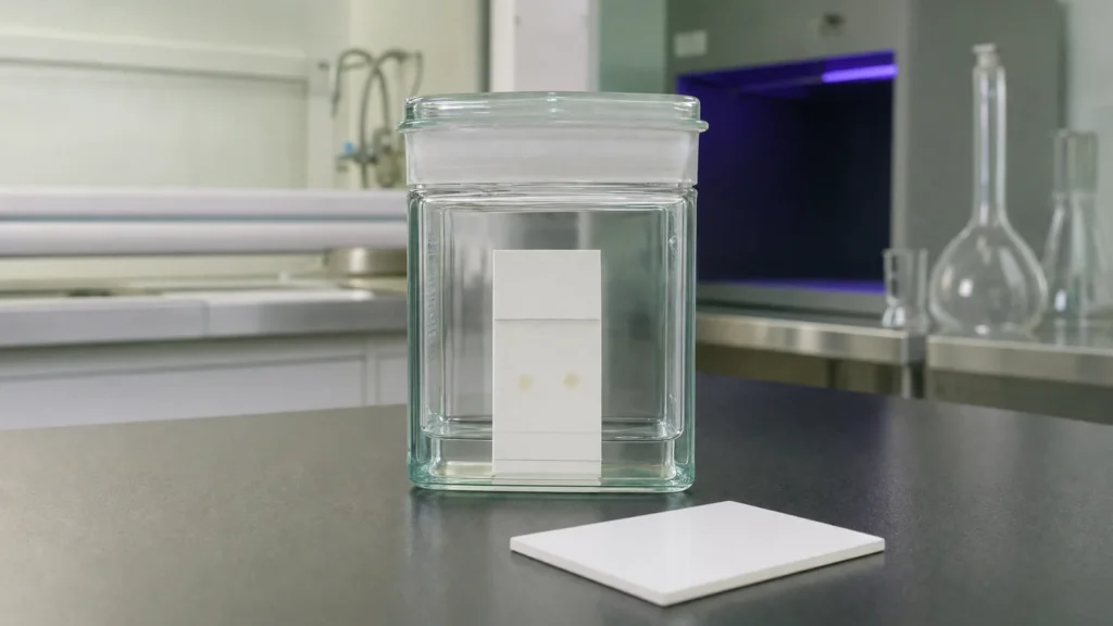 A TLC plate standing in solvent inside a glass developing tank with a solvent front risen up the plate on a laboratory bench