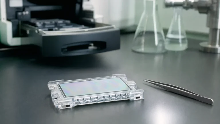 A small glass sequencing flow cell in a clear cradle beside fine tweezers on a laboratory bench