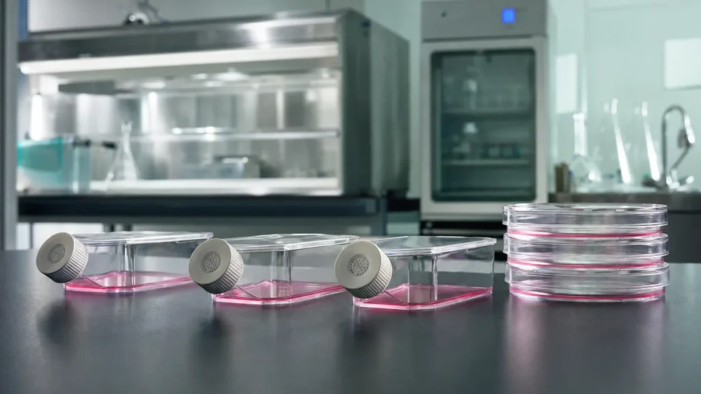 Three cell culture flasks holding pink culture medium beside a stack of culture dishes on a laboratory bench
