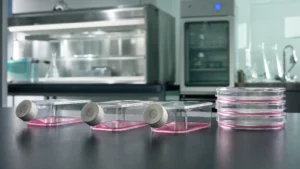 Three cell culture flasks holding pink culture medium beside a stack of culture dishes on a laboratory bench