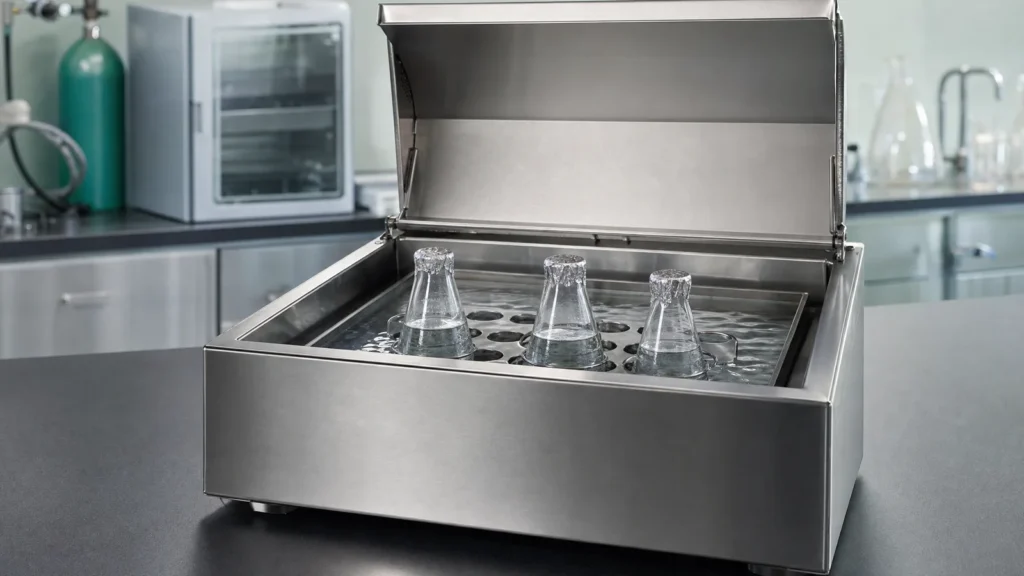 An open shaking water bath holding foil-capped conical flasks partly submerged in clear water on a laboratory bench