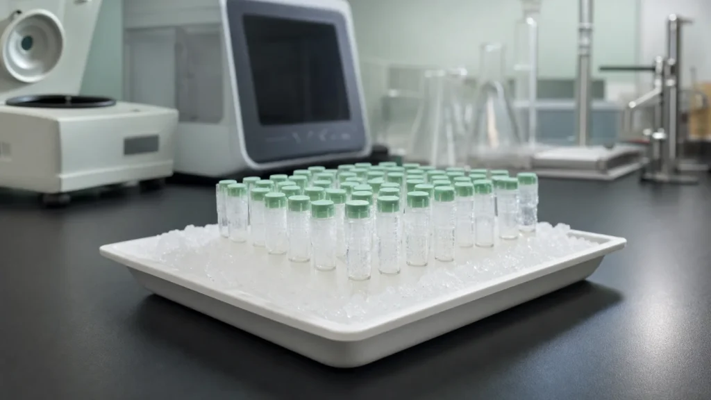 Small microcentrifuge tubes with green caps set in crushed ice in a white tray, with a refrigerated centrifuge on a laboratory bench