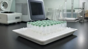 Small microcentrifuge tubes with green caps set in crushed ice in a white tray, with a refrigerated centrifuge on a laboratory bench