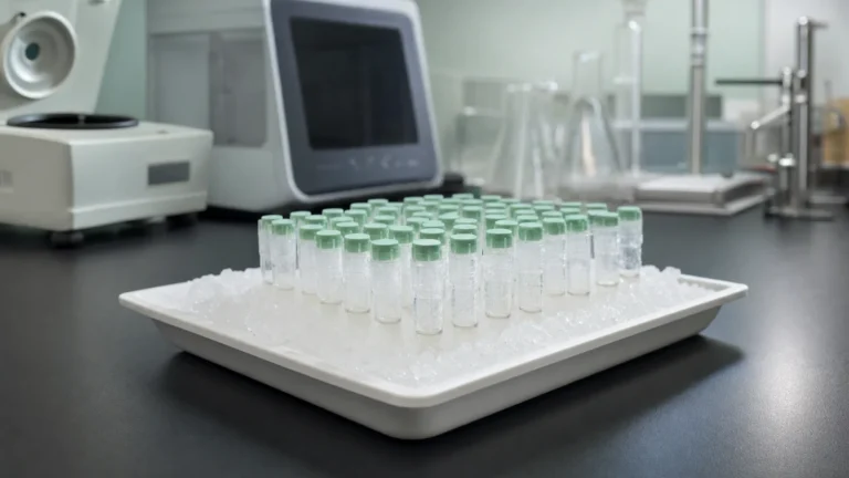 Small microcentrifuge tubes with green caps set in crushed ice in a white tray, with a refrigerated centrifuge on a laboratory bench