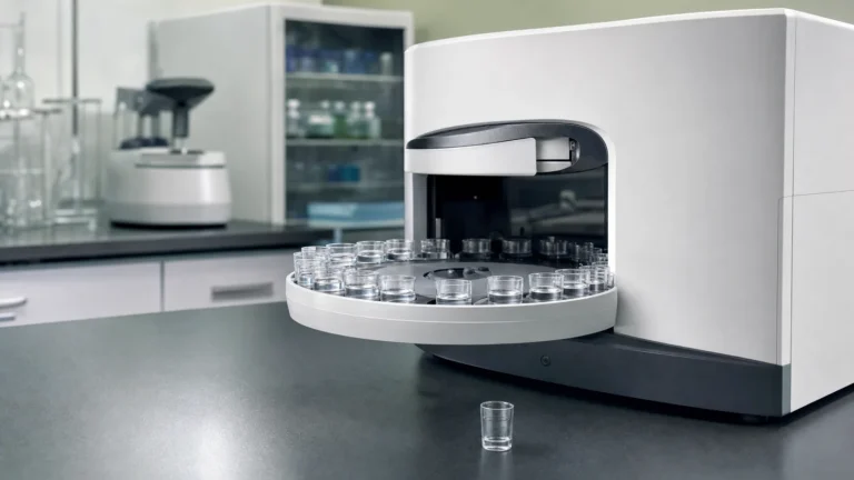 A benchtop analyser with its circular tray swung out holding small clear sample cups on a laboratory bench