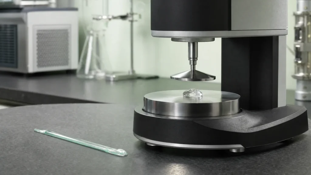 The measuring head of a cone-and-plate rheometer with a bead of clear viscous gel on its polished plate on a laboratory bench