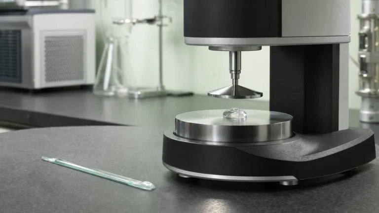 The measuring head of a cone-and-plate rheometer with a bead of clear viscous gel on its polished plate on a laboratory bench