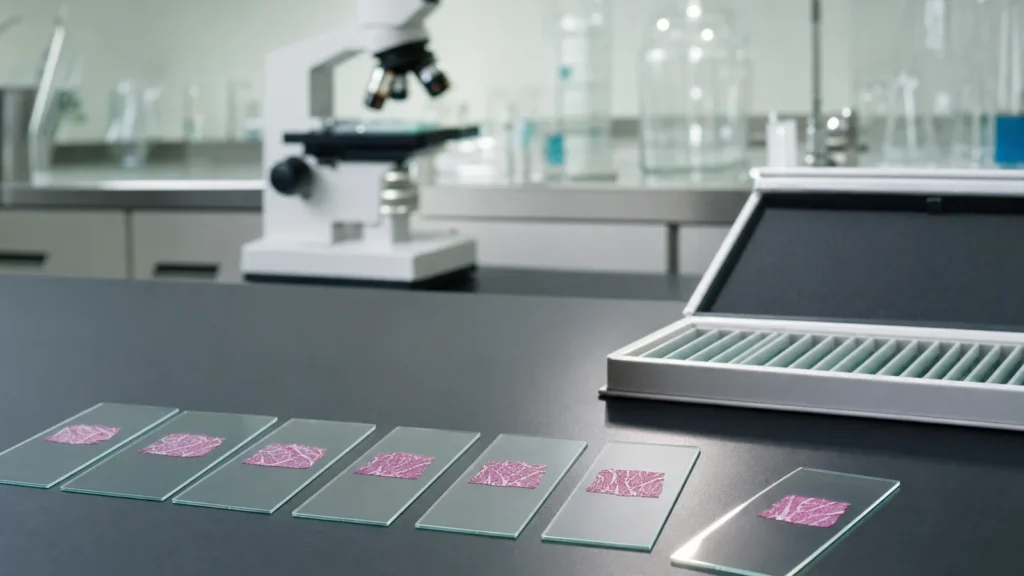A row of glass microscope slides carrying thin stained tissue sections beside an open slide box on a laboratory bench