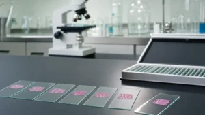 A row of glass microscope slides carrying thin stained tissue sections beside an open slide box on a laboratory bench