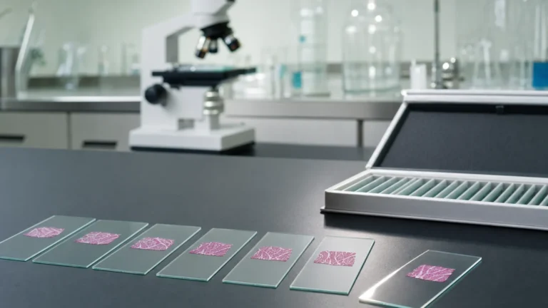 A row of glass microscope slides carrying thin stained tissue sections beside an open slide box on a laboratory bench