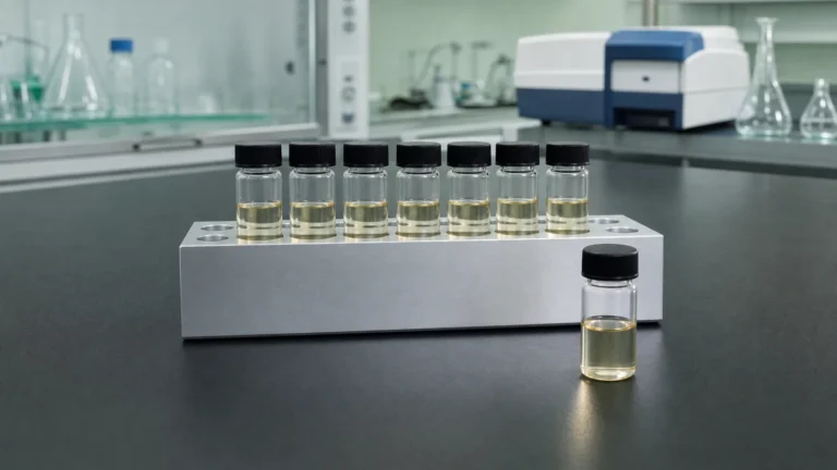 An aluminium dry block heater holding small glass screw-cap tubes of pale golden hydrolysate on a laboratory bench