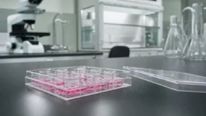 A multiwell culture plate holding suspended cell-culture inserts over pink medium on a laboratory bench