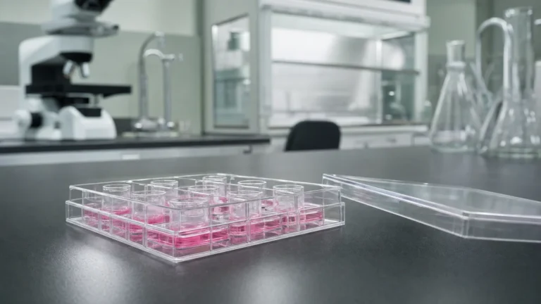 A multiwell culture plate holding suspended cell-culture inserts over pink medium on a laboratory bench