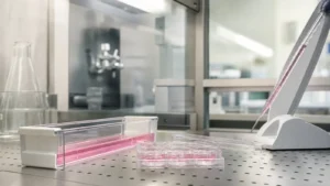 A biosafety cabinet deck with a reagent trough of pink medium, a multiwell plate and a serological pipette in its controller