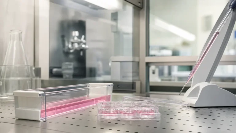 A biosafety cabinet deck with a reagent trough of pink medium, a multiwell plate and a serological pipette in its controller