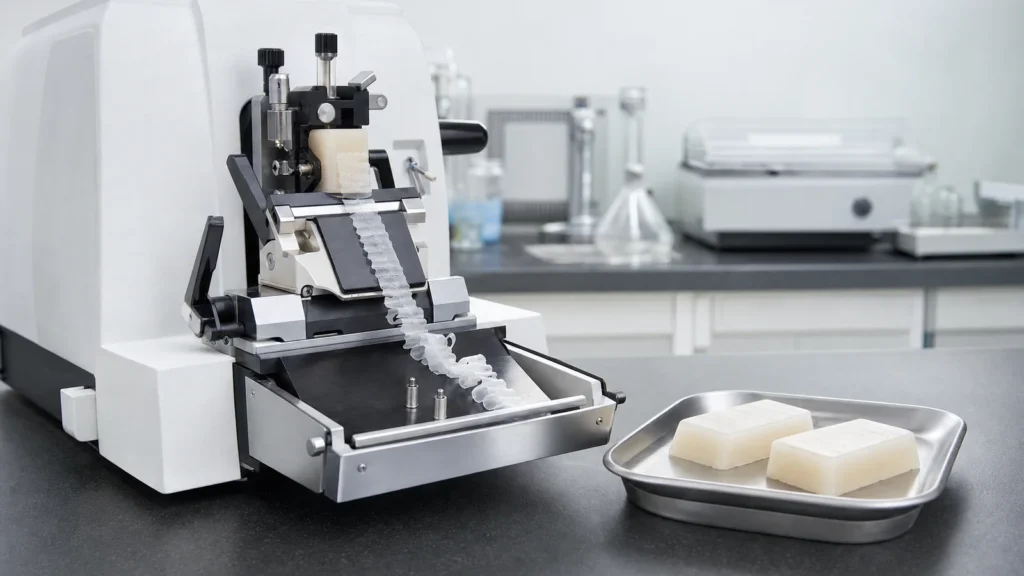 A rotary microtome with a paraffin block clamped in its holder and a ribbon of thin wax sections curling from the blade