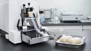 A rotary microtome with a paraffin block clamped in its holder and a ribbon of thin wax sections curling from the blade