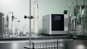 A glass chromatography column on a stand dripping eluate into a row of small collection tubes on a laboratory bench