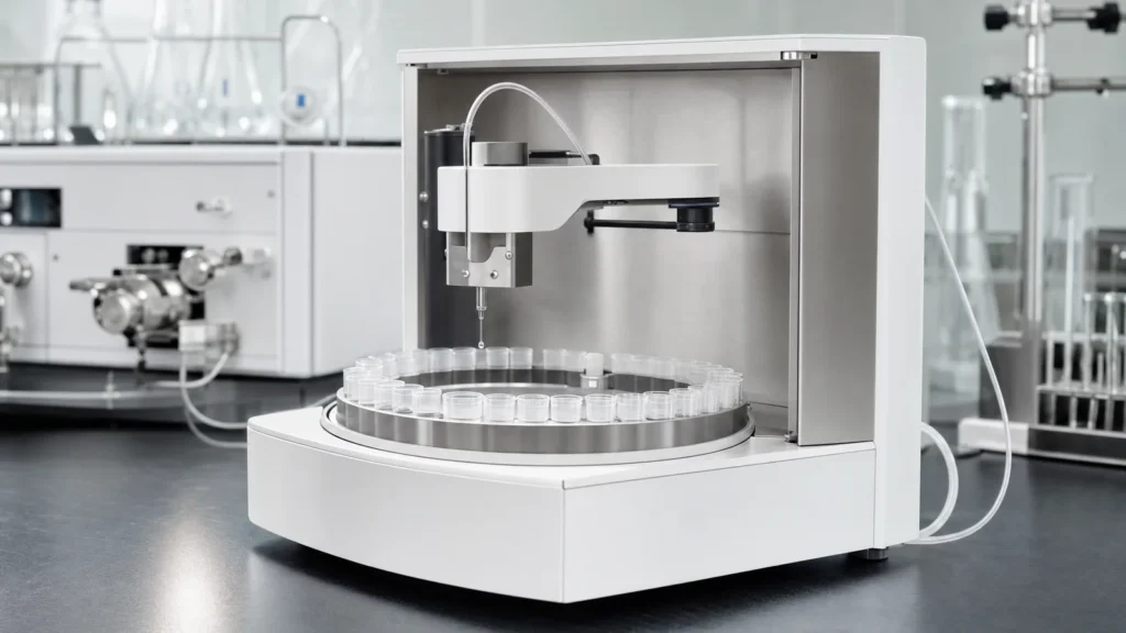 An open fraction collector with a carousel of small collection tubes and a droplet forming at the delivery arm on a laboratory bench