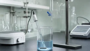 A glass pH electrode in a beaker of pale blue copper solution below a burette on a laboratory bench