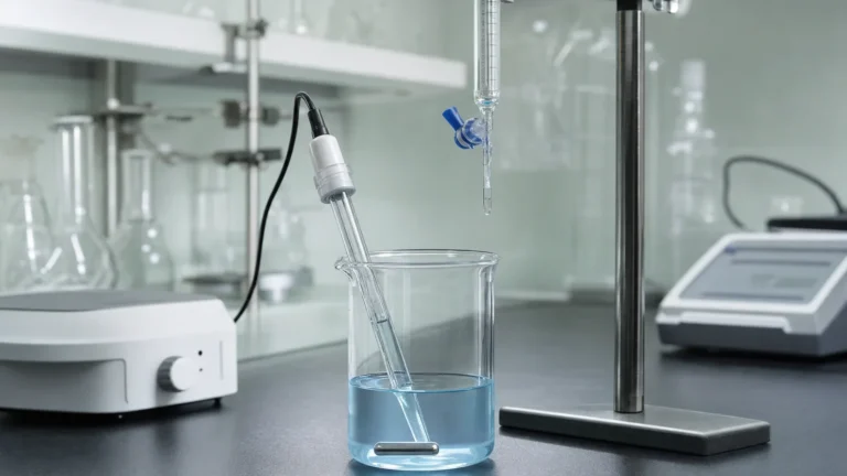 A glass pH electrode in a beaker of pale blue copper solution below a burette on a laboratory bench