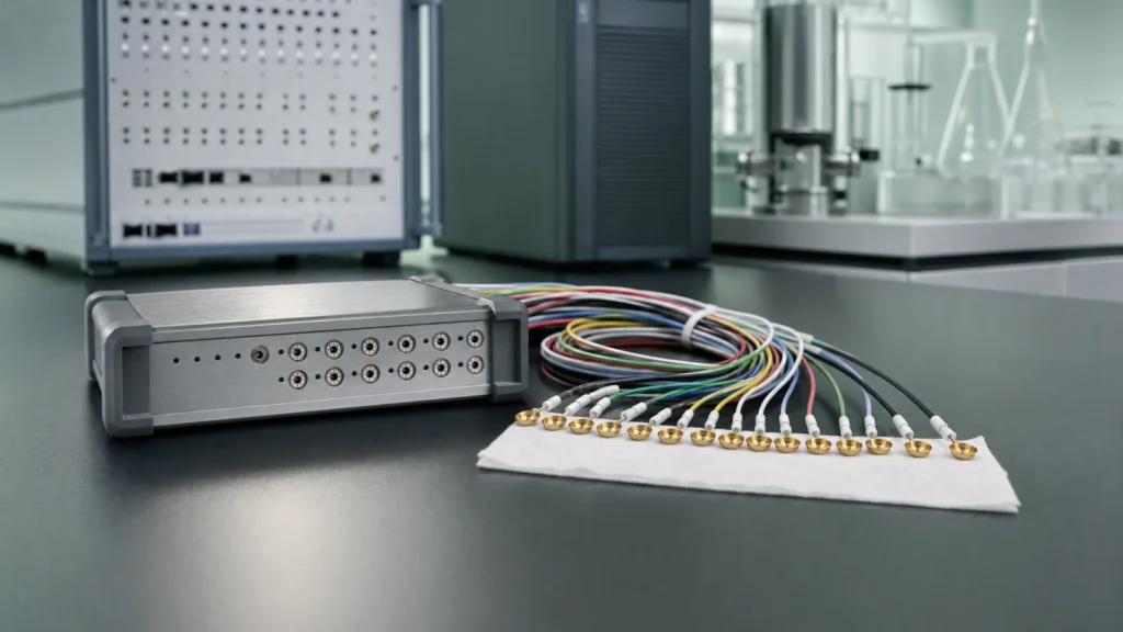 A multichannel biosignal amplifier beside coiled electrode leads ending in gold cup electrodes on a laboratory bench