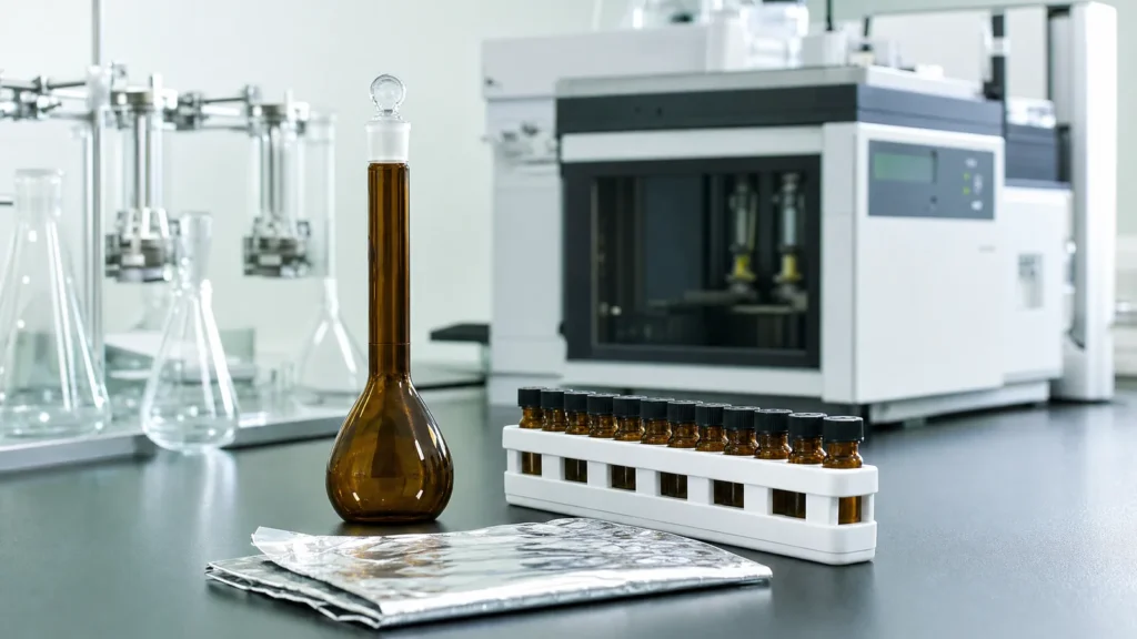 An amber glass volumetric flask beside a rack of small amber sample vials and folded aluminium foil on a laboratory bench