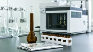 An amber glass volumetric flask beside a rack of small amber sample vials and folded aluminium foil on a laboratory bench