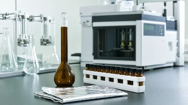 An amber glass volumetric flask beside a rack of small amber sample vials and folded aluminium foil on a laboratory bench