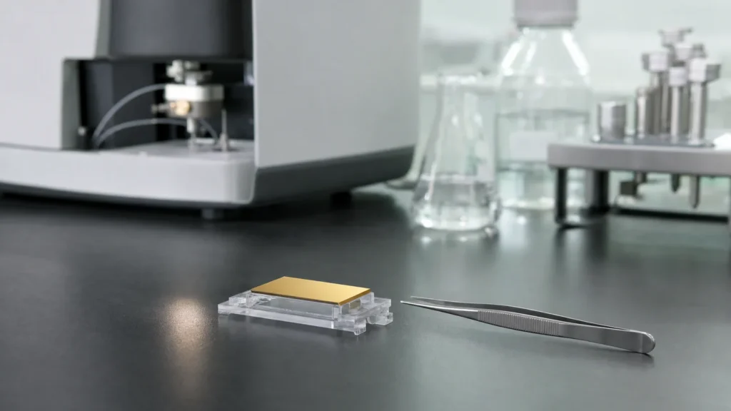 A gold-surfaced biosensor chip in a clear holder beside fine stainless tweezers on a laboratory bench
