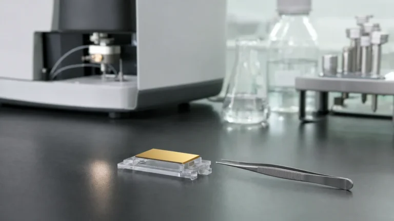 A gold-surfaced biosensor chip in a clear holder beside fine stainless tweezers on a laboratory bench