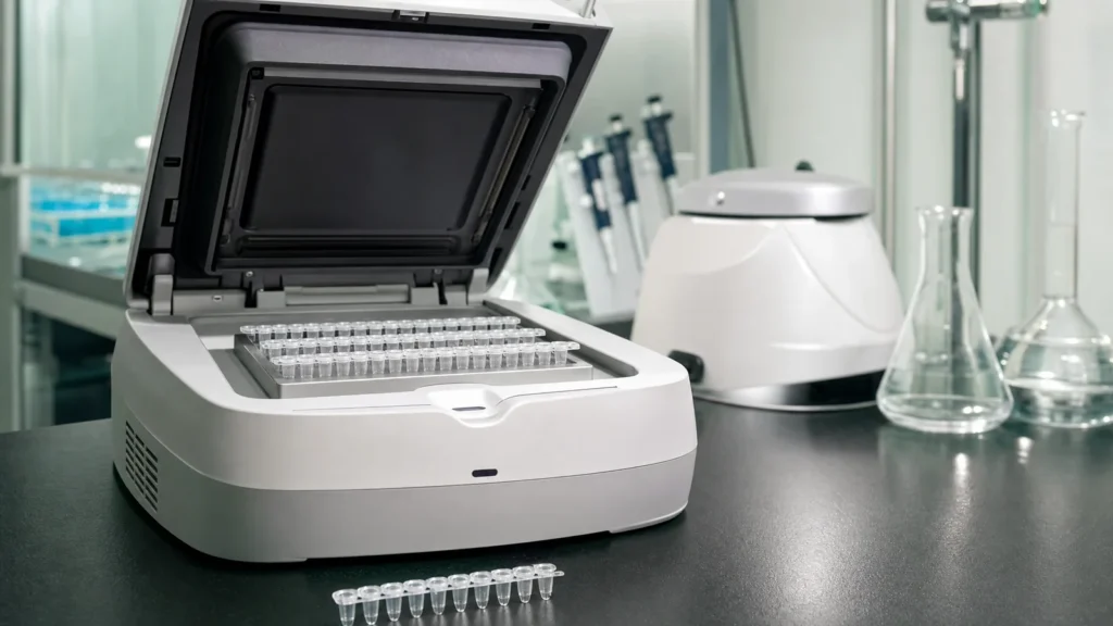 An open qPCR thermal cycler with rows of clear PCR strip tubes in its sample block on a laboratory bench