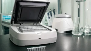 An open qPCR thermal cycler with rows of clear PCR strip tubes in its sample block on a laboratory bench