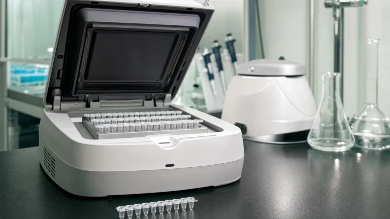 An open qPCR thermal cycler with rows of clear PCR strip tubes in its sample block on a laboratory bench