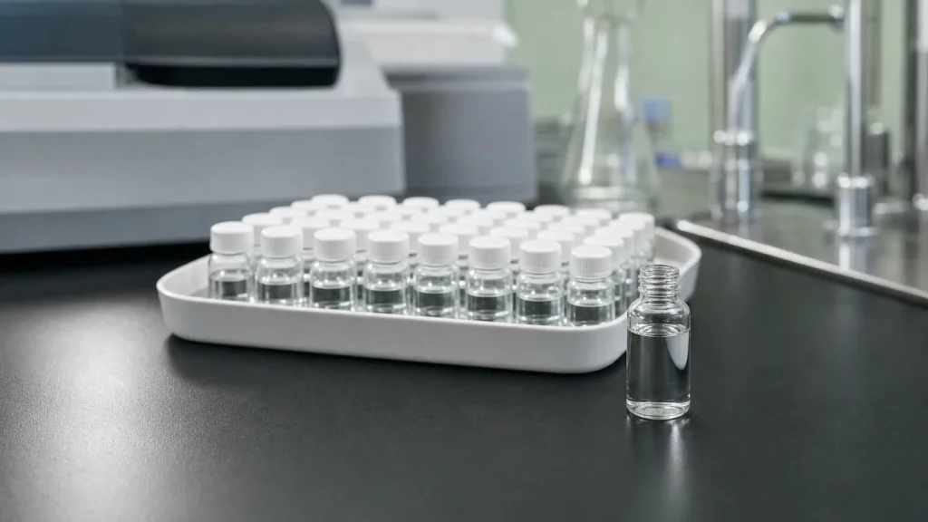 A tray of small glass scintillation vials with white caps in front of a scintillation counter on a laboratory bench