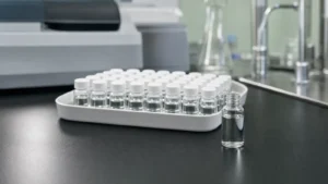 A tray of small glass scintillation vials with white caps in front of a scintillation counter on a laboratory bench