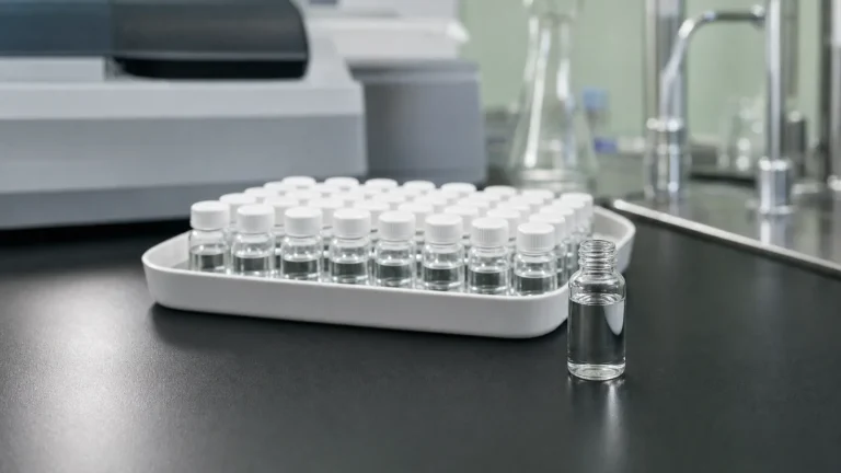 A tray of small glass scintillation vials with white caps in front of a scintillation counter on a laboratory bench