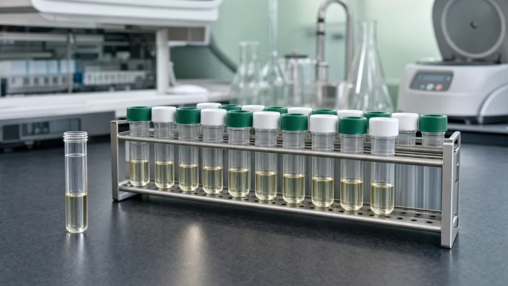 A stainless rack of capped serum sample tubes in a timed sampling series, with an immunoassay analyser and centrifuge on a laboratory bench