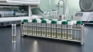 A stainless rack of capped serum sample tubes in a timed sampling series, with an immunoassay analyser and centrifuge on a laboratory bench