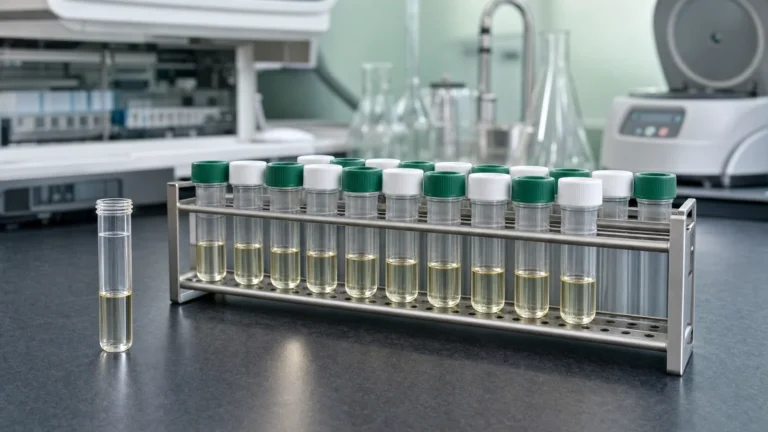 A stainless rack of capped serum sample tubes in a timed sampling series, with an immunoassay analyser and centrifuge on a laboratory bench
