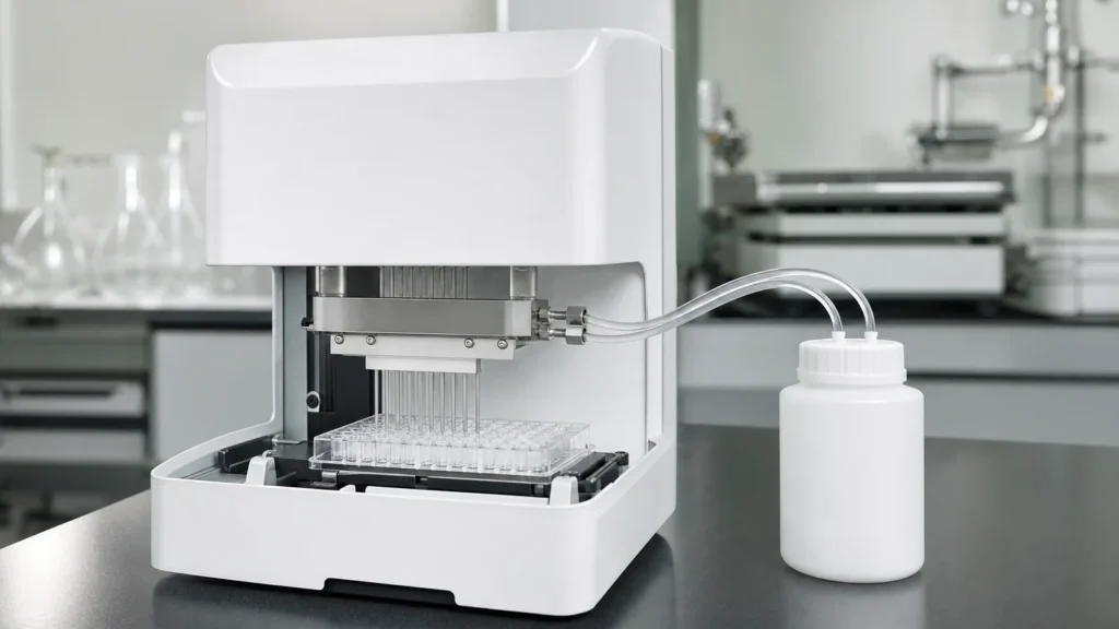 A microplate washer with its stainless manifold lowered over a clear 96-well assay plate on a laboratory bench