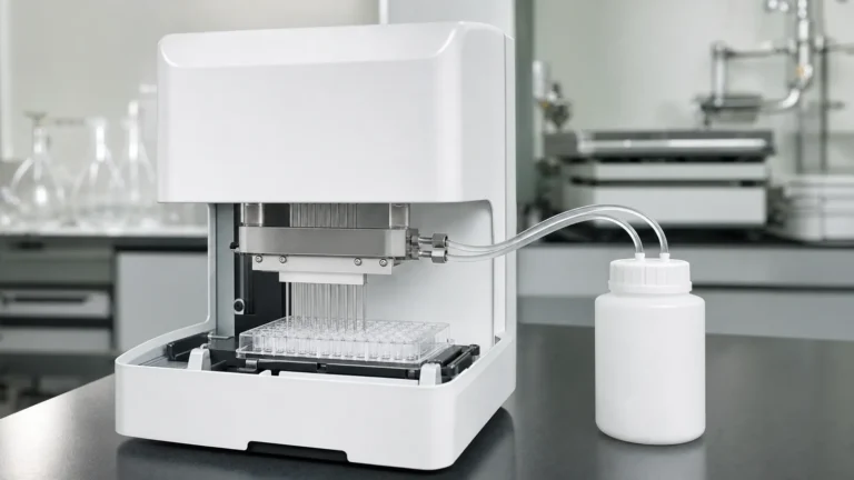 A microplate washer with its stainless manifold lowered over a clear 96-well assay plate on a laboratory bench