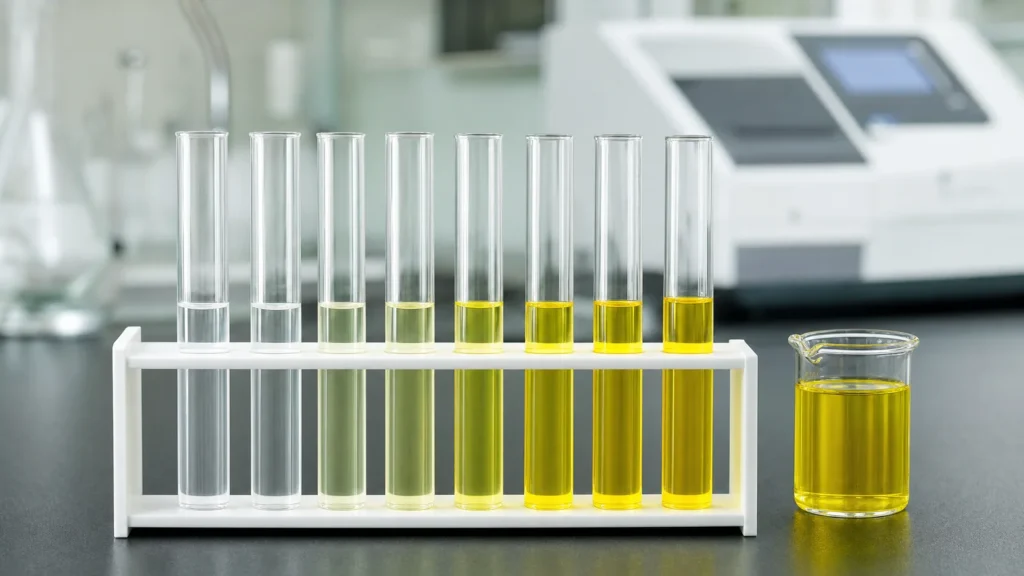 A row of glass test tubes grading from colourless to lemon yellow in a white rack on a laboratory bench