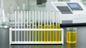 A row of glass test tubes grading from colourless to lemon yellow in a white rack on a laboratory bench