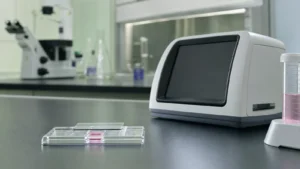 A glass haemocytometer counting chamber with a cover glass beside an automated cell counter on a laboratory bench